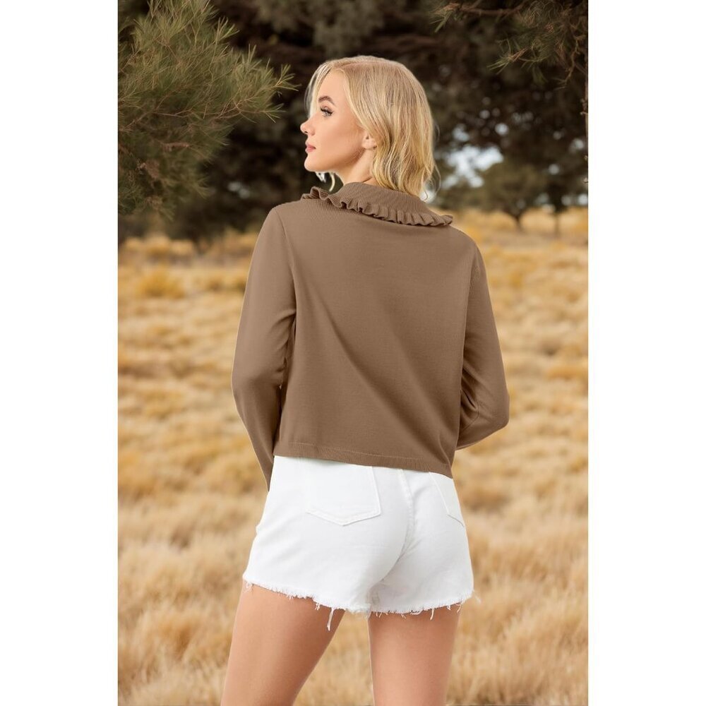 Womens Ruffle Collar Cropped Cardigan Lightweight Knit Fall Casual Large - Picture 3 of 5